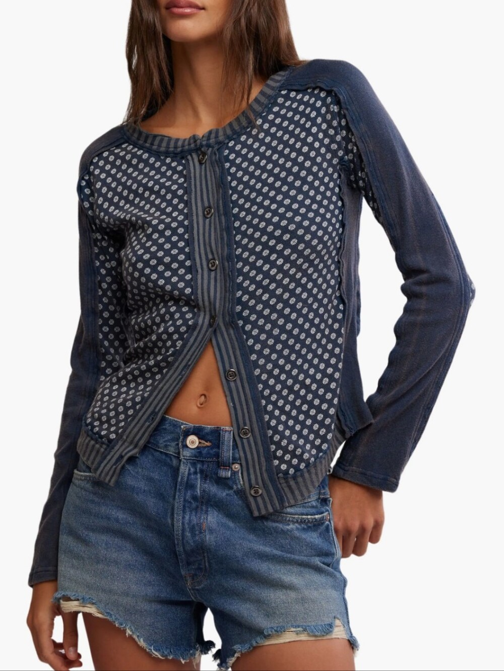 We The Free People Instant Classic Blue Floral Striped Mixed Media Top Medium